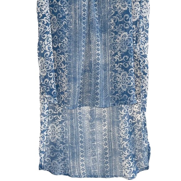 Knox Rose Boho Sheer Tunic Top Size M Popover Long Line High Low Hem Blue Cream - Picture 3 of 13